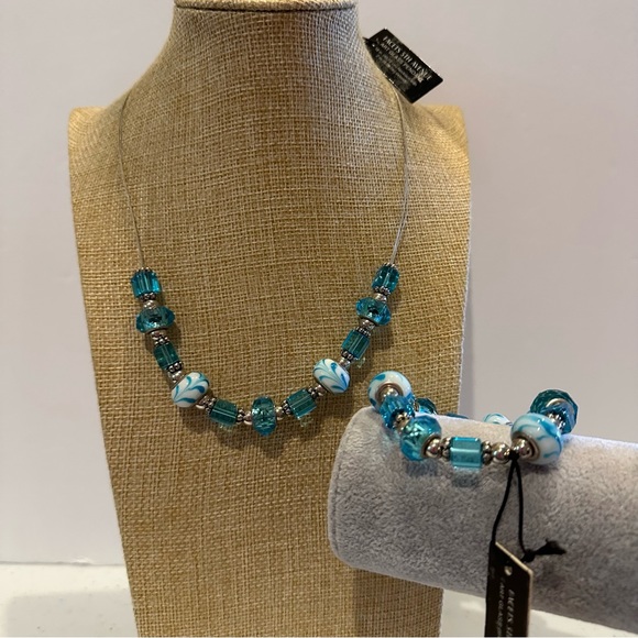 NWT Facets 5th Avenue Art Glass Necklace & Bracelet Set - Silver tone w/ Blue - Picture 2 of 16